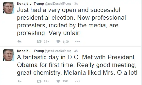 Donald Trump reacts to protests against his victory